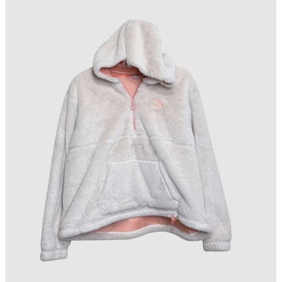 Puma Women's Pullover Faux Fur Jacket 1/4 Zip Hooded Off White Peach Size L - Picture 2 of 11